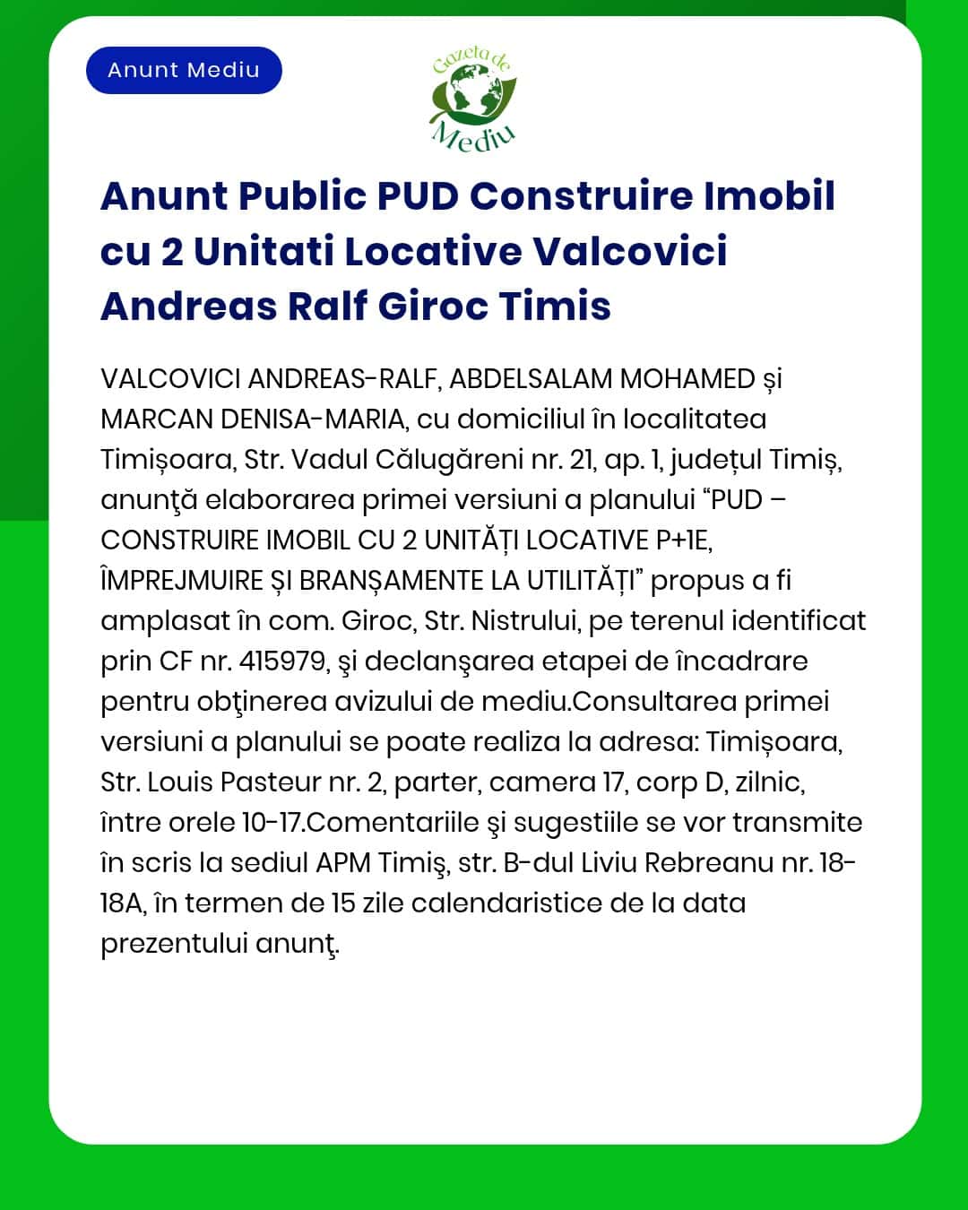Anunt Public PUD Construire Imobil cu 2 Unitati Locative Valcovici And