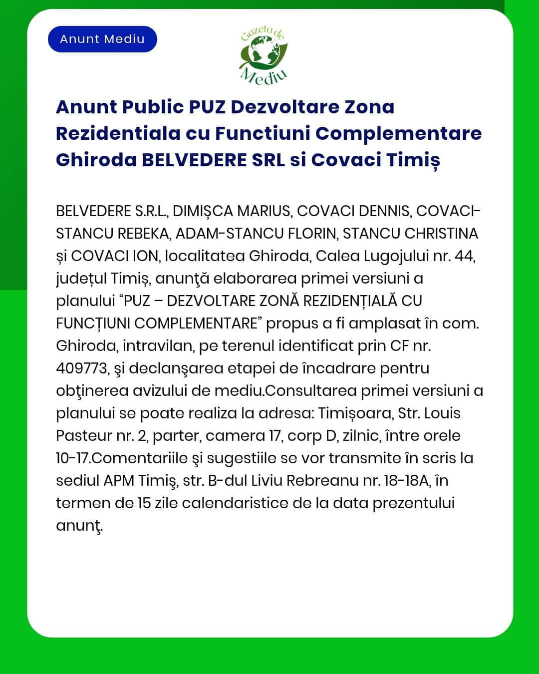 Anunt Public PUZ Dezvoltare Zona Rezidentiala cu Functiuni Complementa