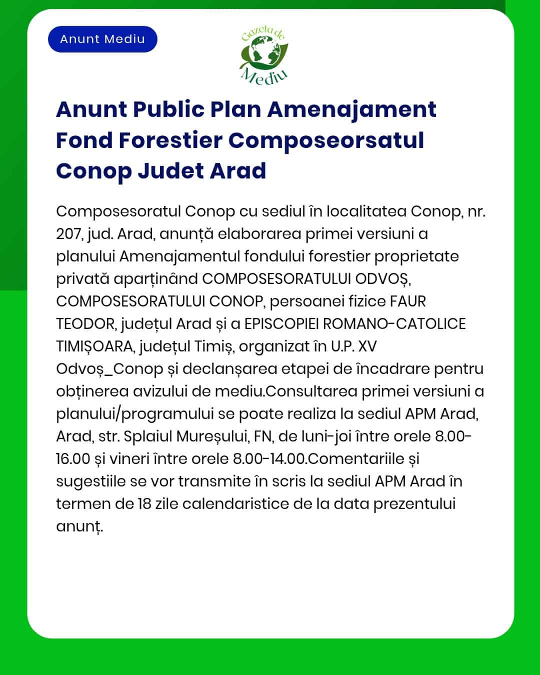 Anunt Public Plan Amenajament Fond Forestier Composeorsatul Conop Jude