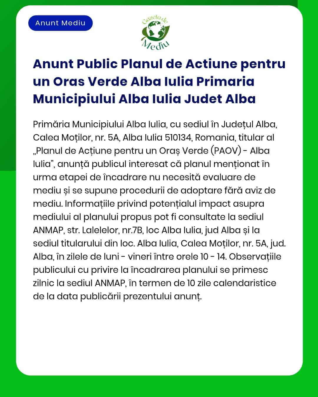 Anunt Public Planul de Actiune pentru un Oras Verde Alba Iulia Primari