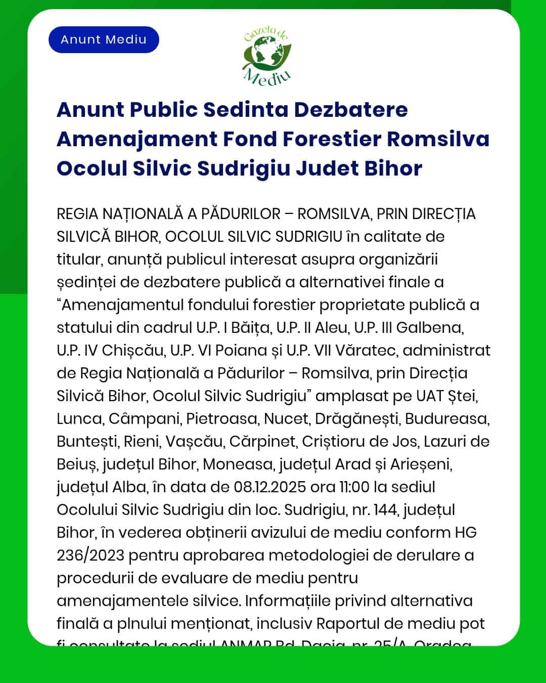 Anunt Public Sedinta Dezbatere Amenajament Fond Forestier Romsilva Oco