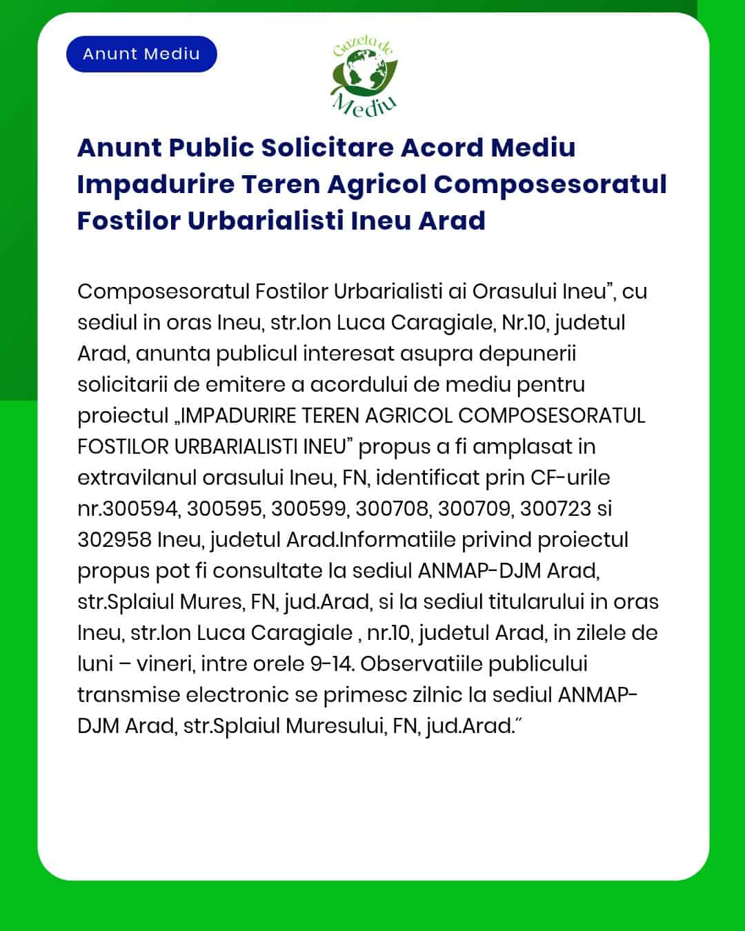 Anunt Public Solicitare Acord Mediu Impadurire Teren Agricol Composeso