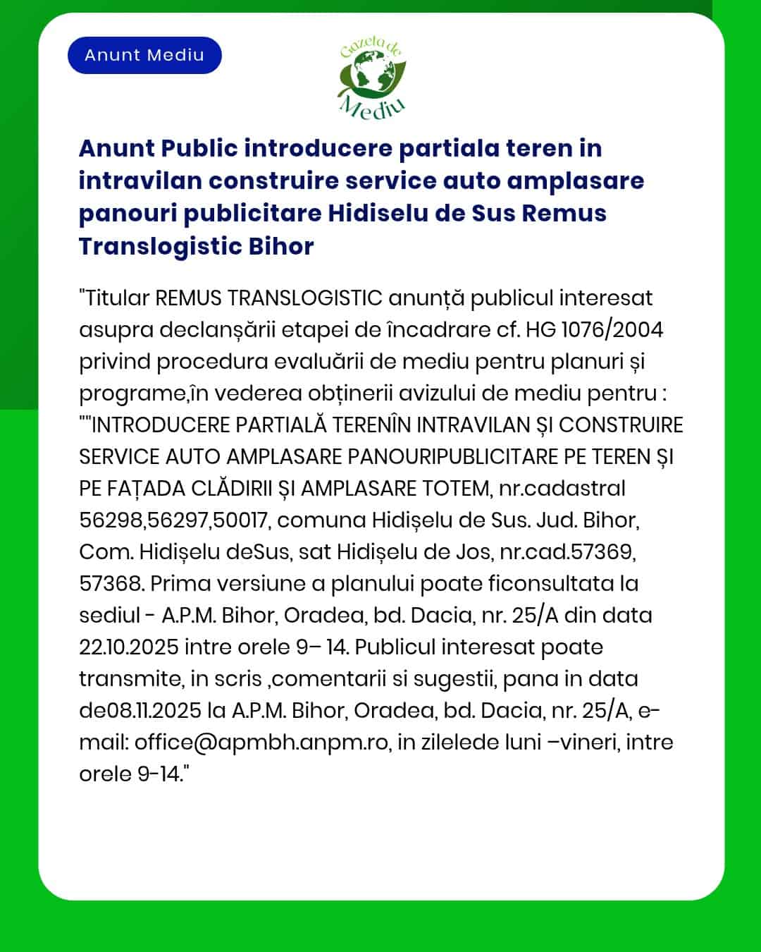 Anunt Public introducere partiala teren in intravilan construire servi