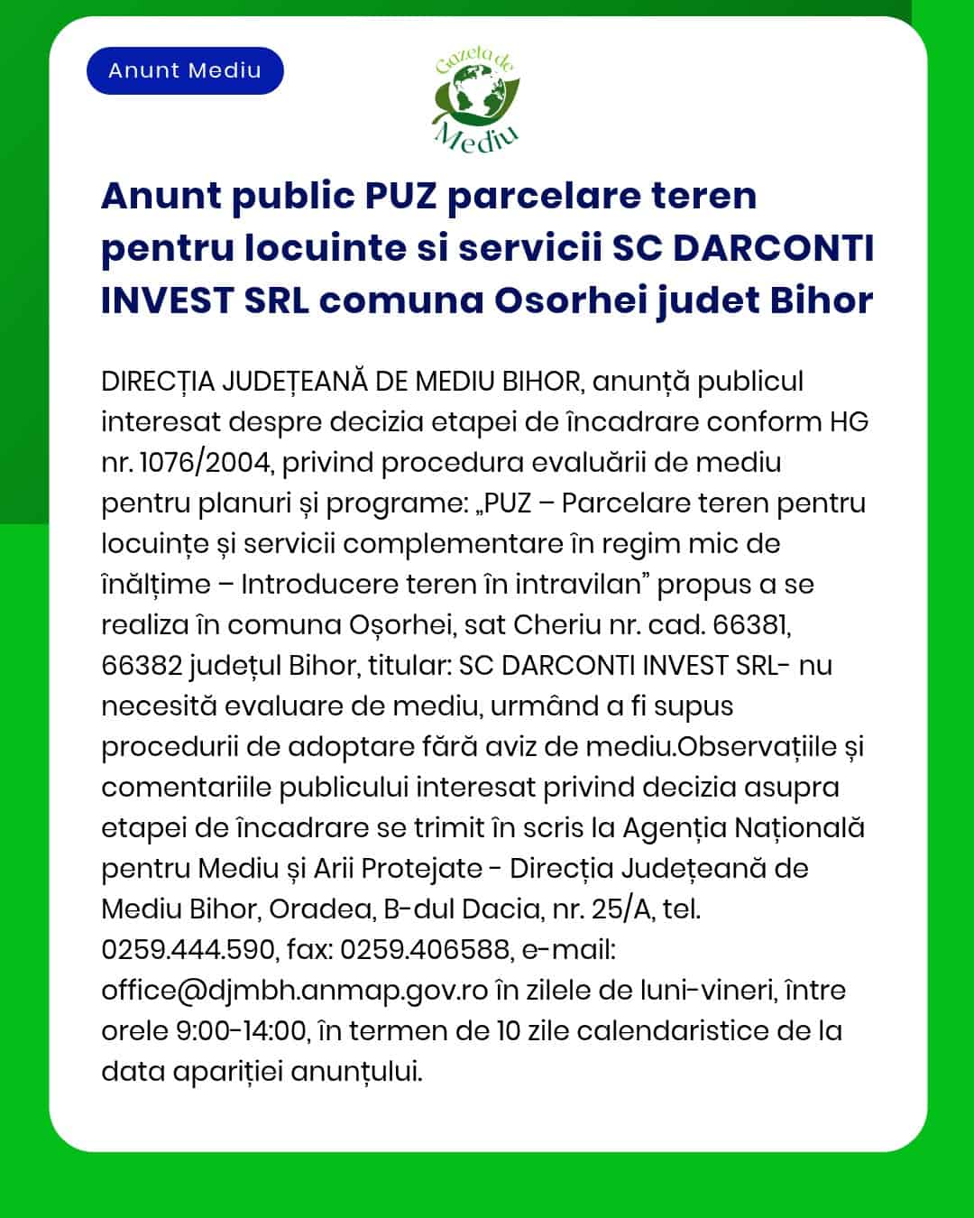 Anunt public PUZ parcelare teren pentru locuinte si servicii SC DARCON