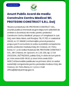APM anunță emiterea acordului de mediu pentru construirea unui centru medical în Drăgănești județul Dolj