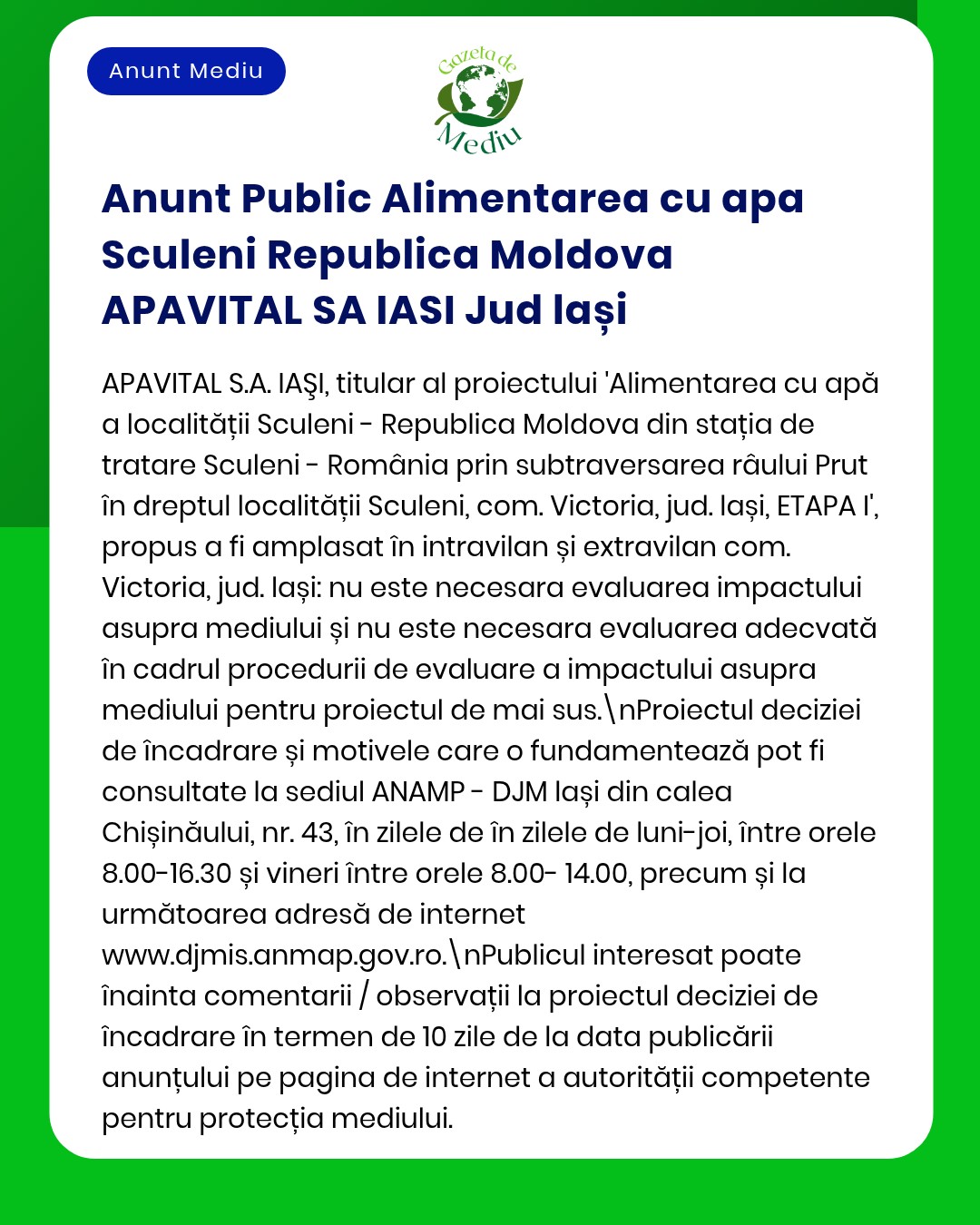 Alimentarea cu apă a localității Sculeni din Republica Moldova prin subtraversarea râului Prut inclusiv detalii despre evaluarea impactului proiectului