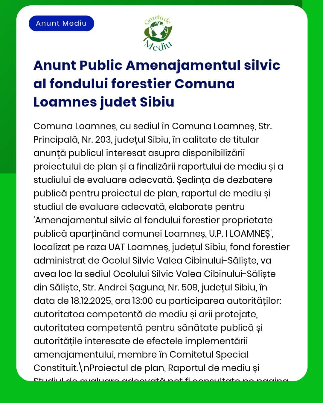 APM anunță depunerea documentației pentru fondul forestier al comunei Loamneș județul Sibiu și organizarea unei dezbateri publice