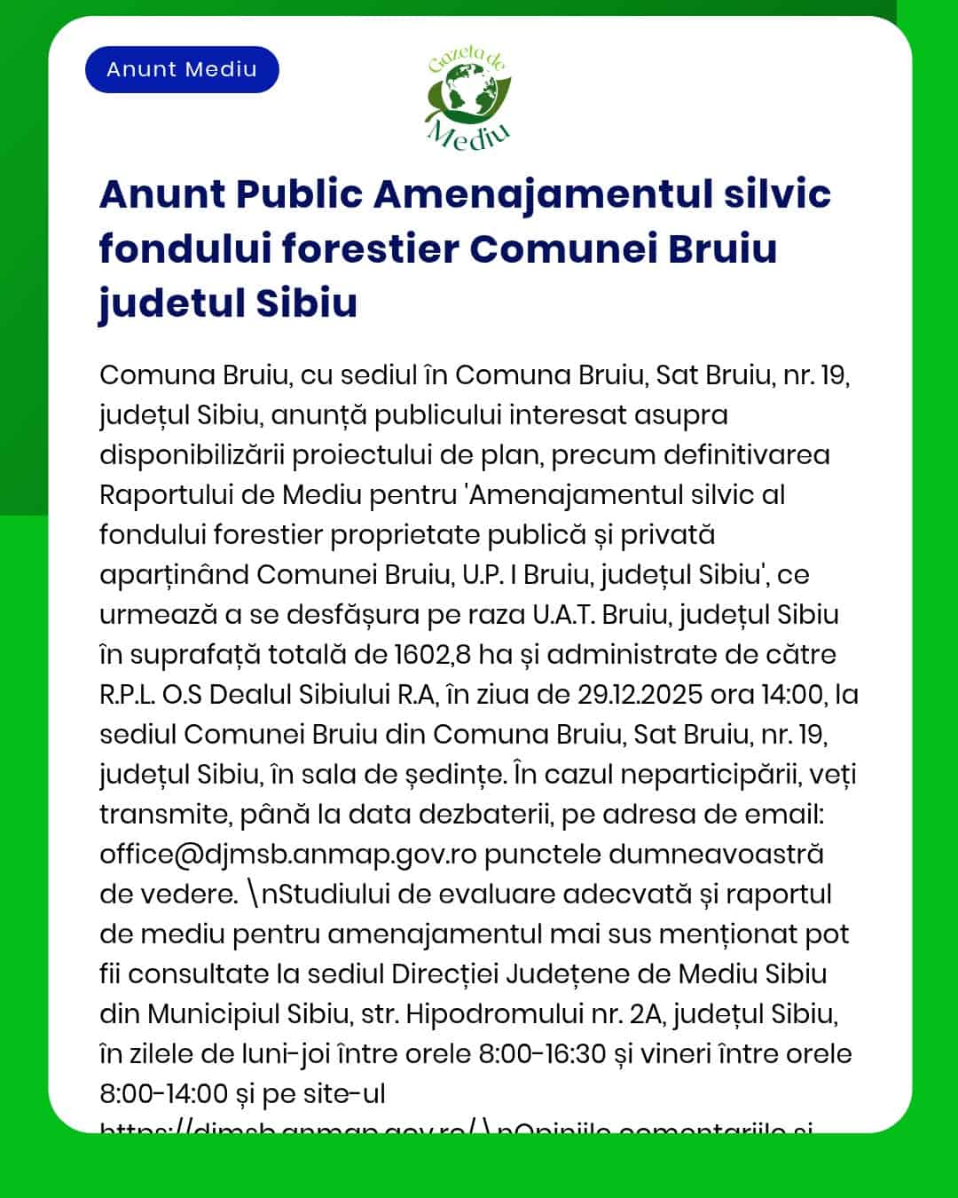 Anunț privind amenajamentul fondului forestier local