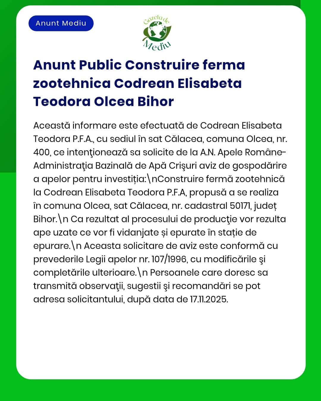 Titular Codrean Elisabeta Teodora Olcea anunță investiția propusă la fermă de animale în Bihor și solicită emiterea acordului de mediu de către APM