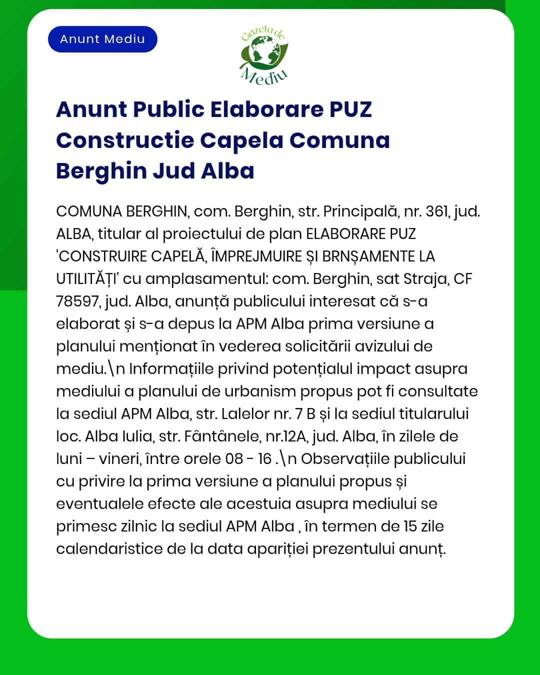 Se anunță elaborarea PUZ pentru comuna Berghin județul Alba Documentația a fost depusă la APM