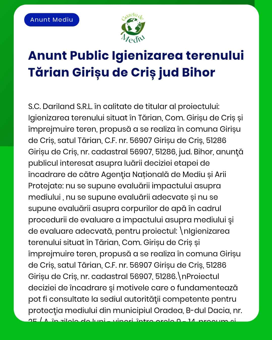 Sanatizare teren în localitatea Tărian județul Bihor