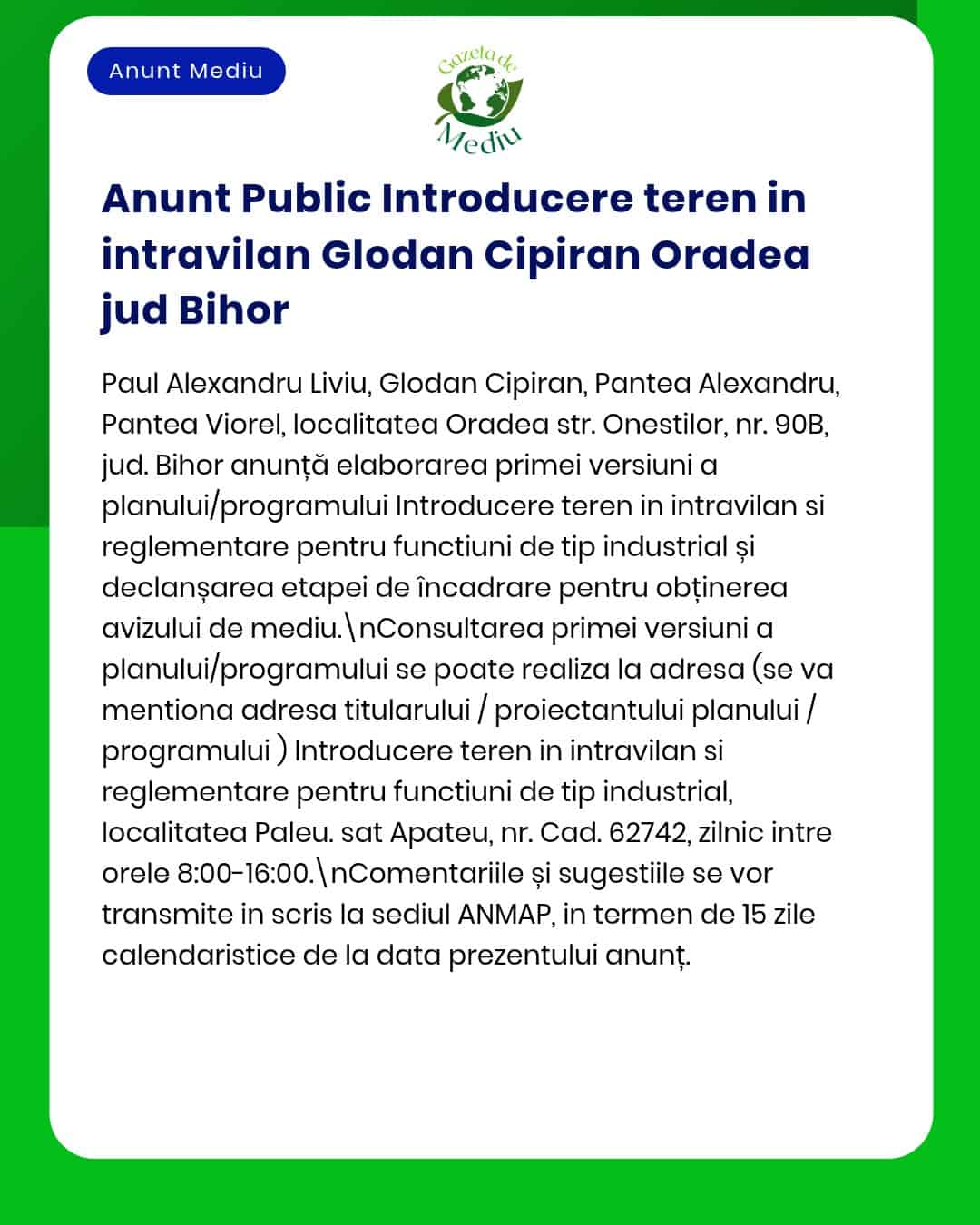 Se propune introducerea în intravilan a unui teren situat în Oradea județul Bihor cu destinație industrială