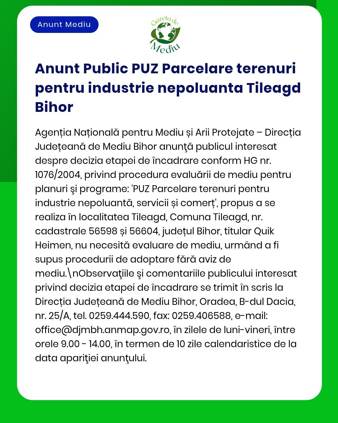 APM evaluează planul de utilizare a terenului pentru parcele situate în Tileagd județul Bihor