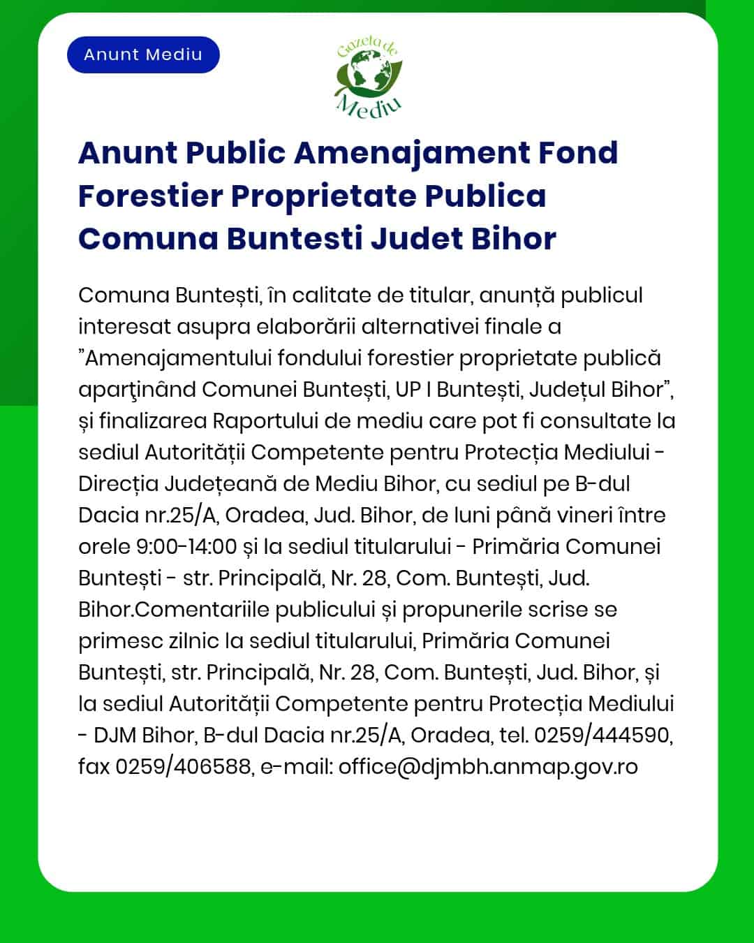 Anunt Public Amenajament Fond Forestier Proprietate Publica Comuna Bun