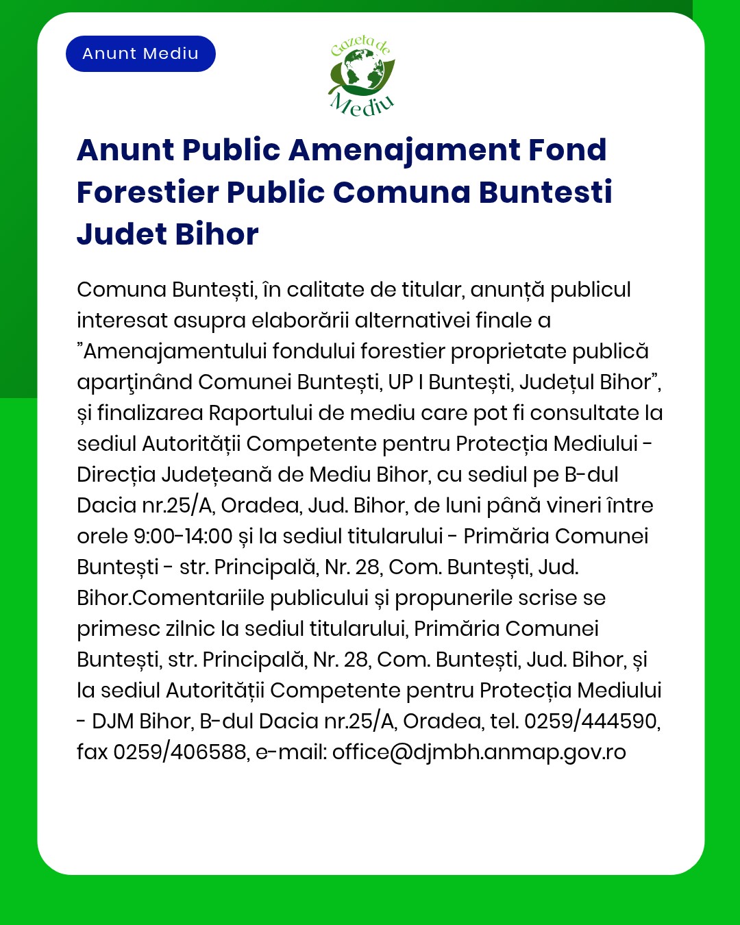 Anunt Public Amenajament Fond Forestier Public Comuna Buntesti Judet B