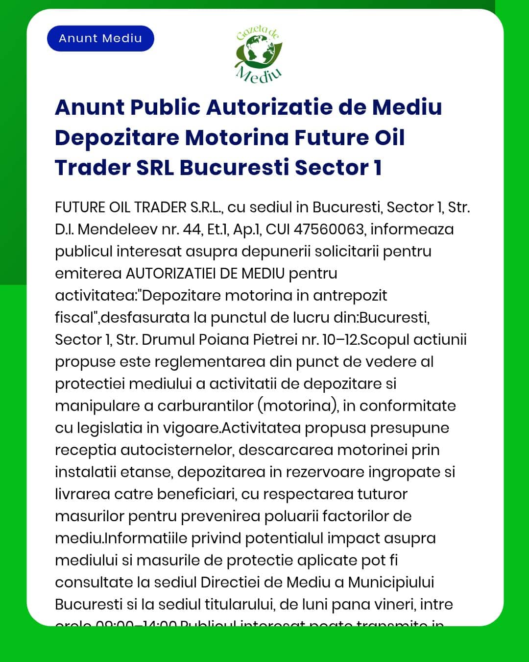 Anunt Public Autorizatie de Mediu Depozitare Motorina Future Oil Trade