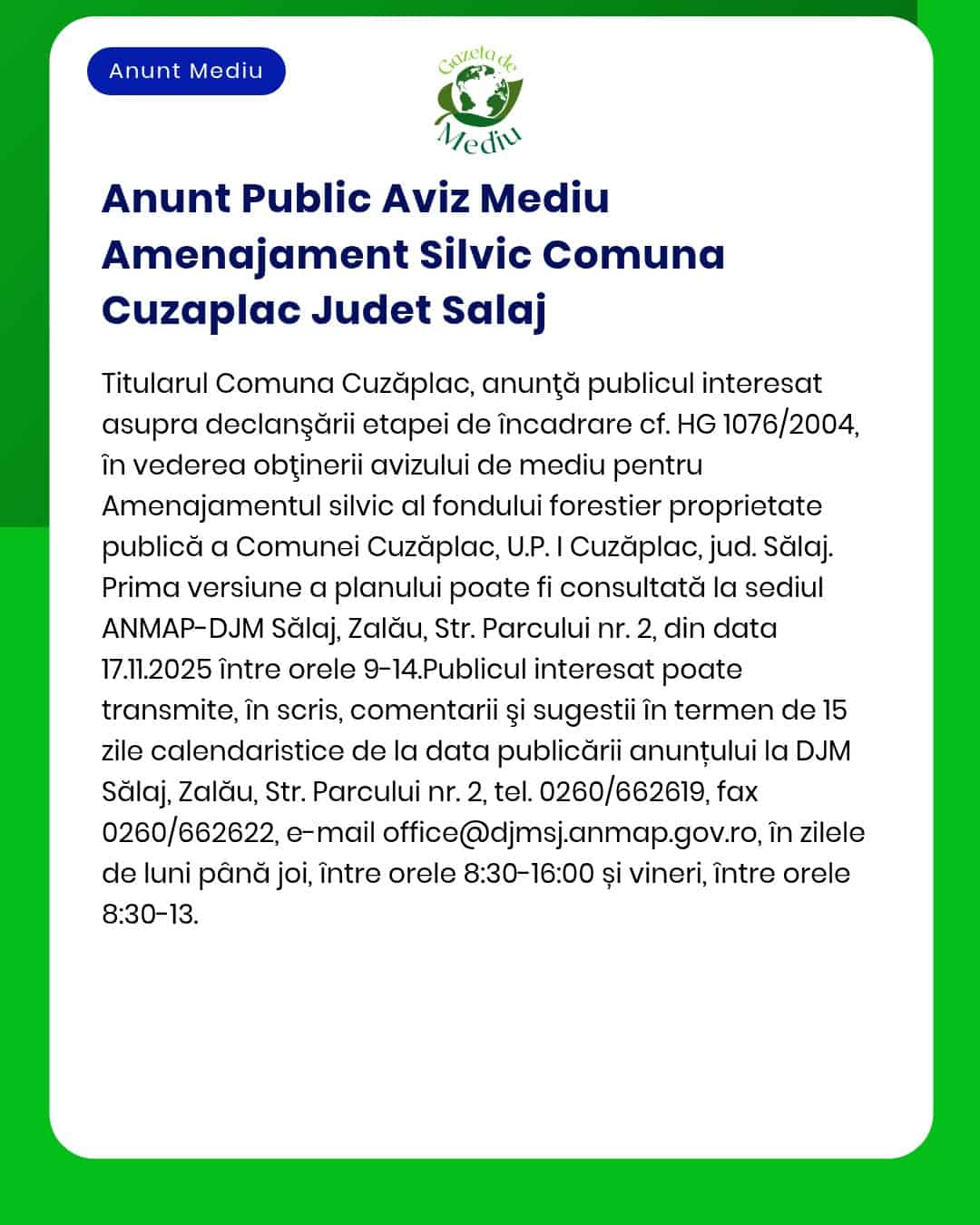 Anunt Public Aviz Mediu Amenajament Silvic Comuna Cuzaplac Judet Salaj
