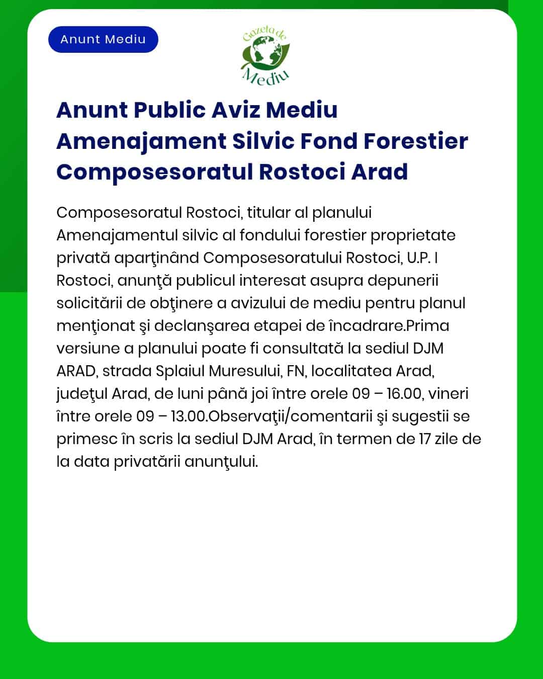 Anunt Public Aviz Mediu Amenajament Silvic Fond Forestier Composesorat