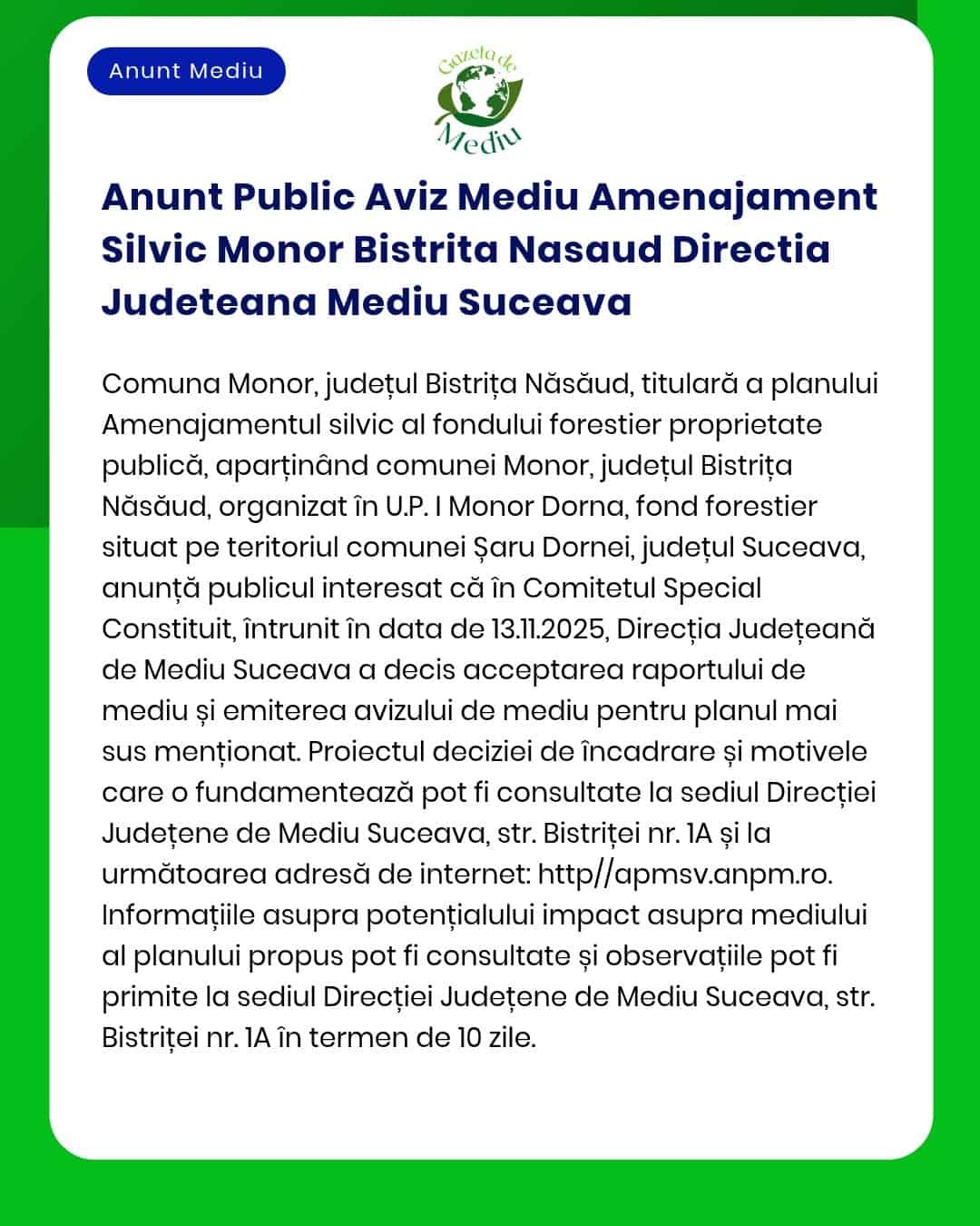 Anunt Public Aviz Mediu Amenajament Silvic Monor Bistrita Nasaud Direc