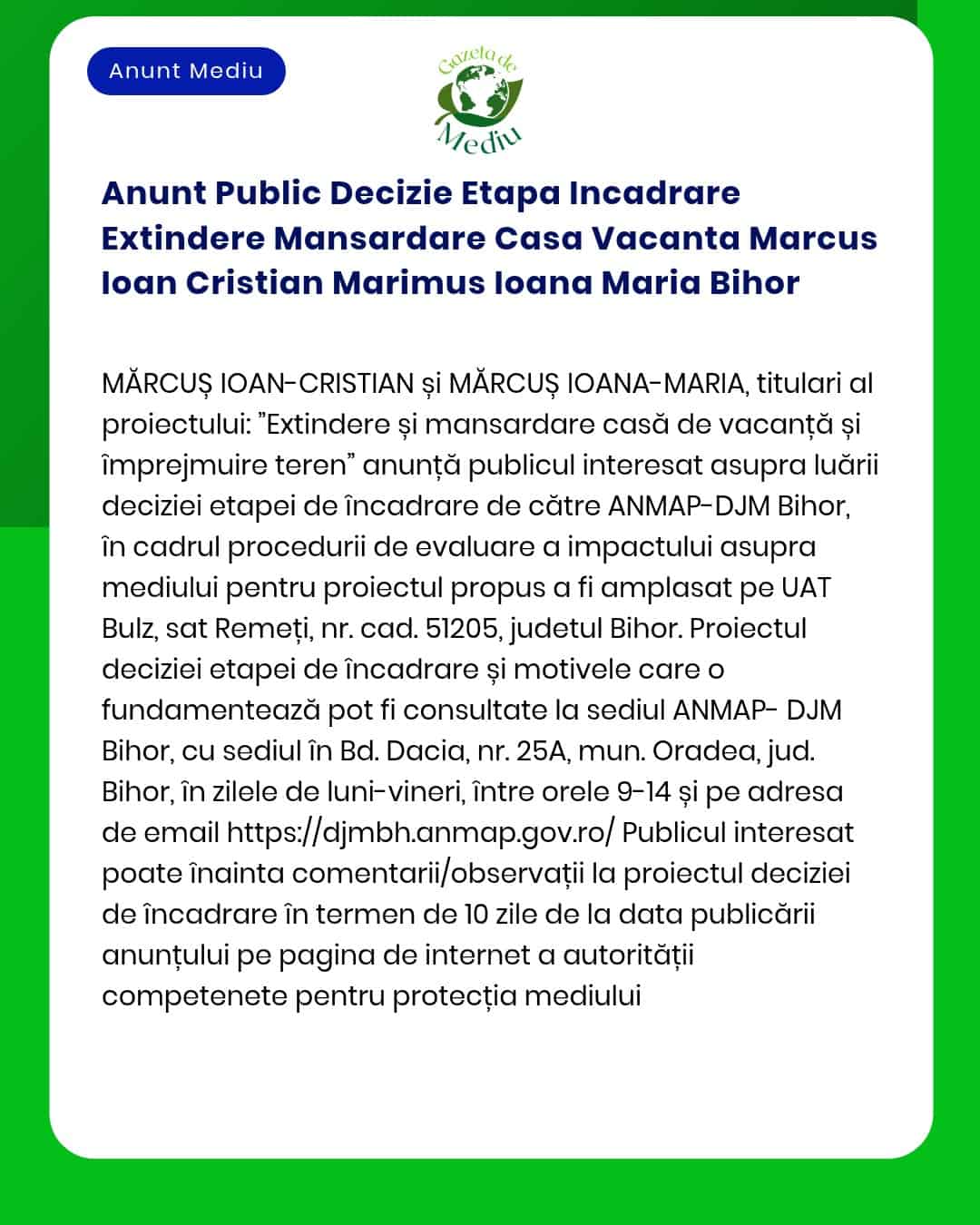 Anunt Public Decizie Etapa Incadrare Extindere Mansardare Casa Vacanta