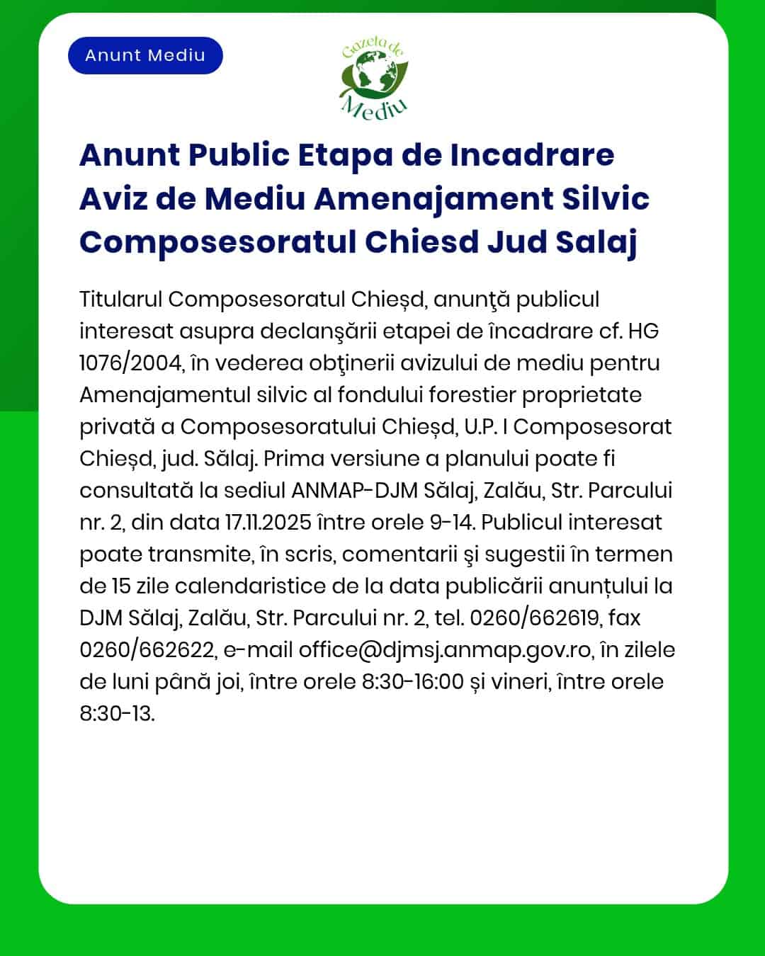 Anunt Public Etapa de Incadrare Aviz de Mediu Amenajament Silvic Compo