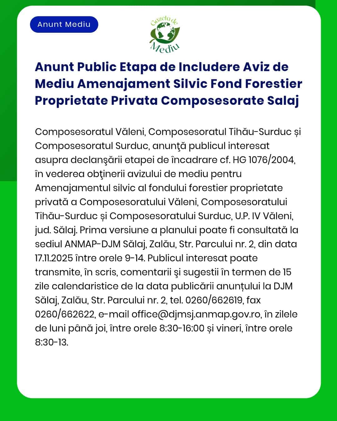 Anunt Public Etapa de Includere Aviz de Mediu Amenajament Silvic Fond