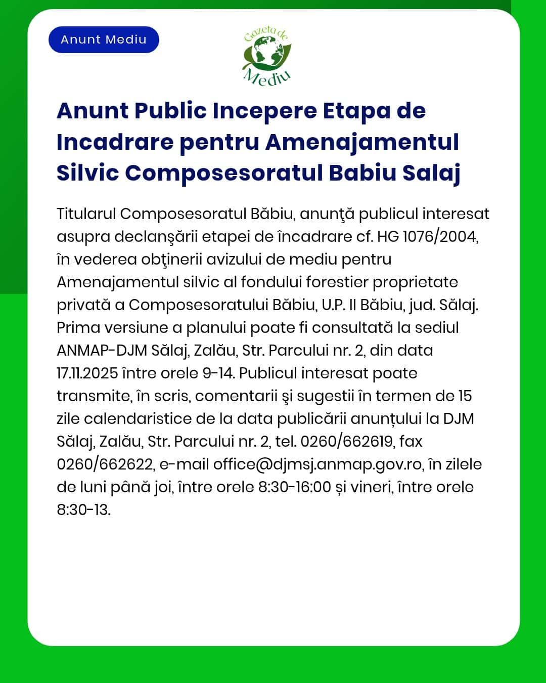 Anunt Public Incepere Etapa de Incadrare pentru Amenajamentul Silvic C