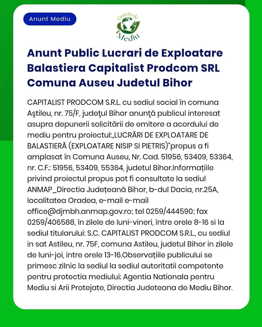 Anunt Public Lucrari de Exploatare Balastiera Capitalist Prodcom SRL C