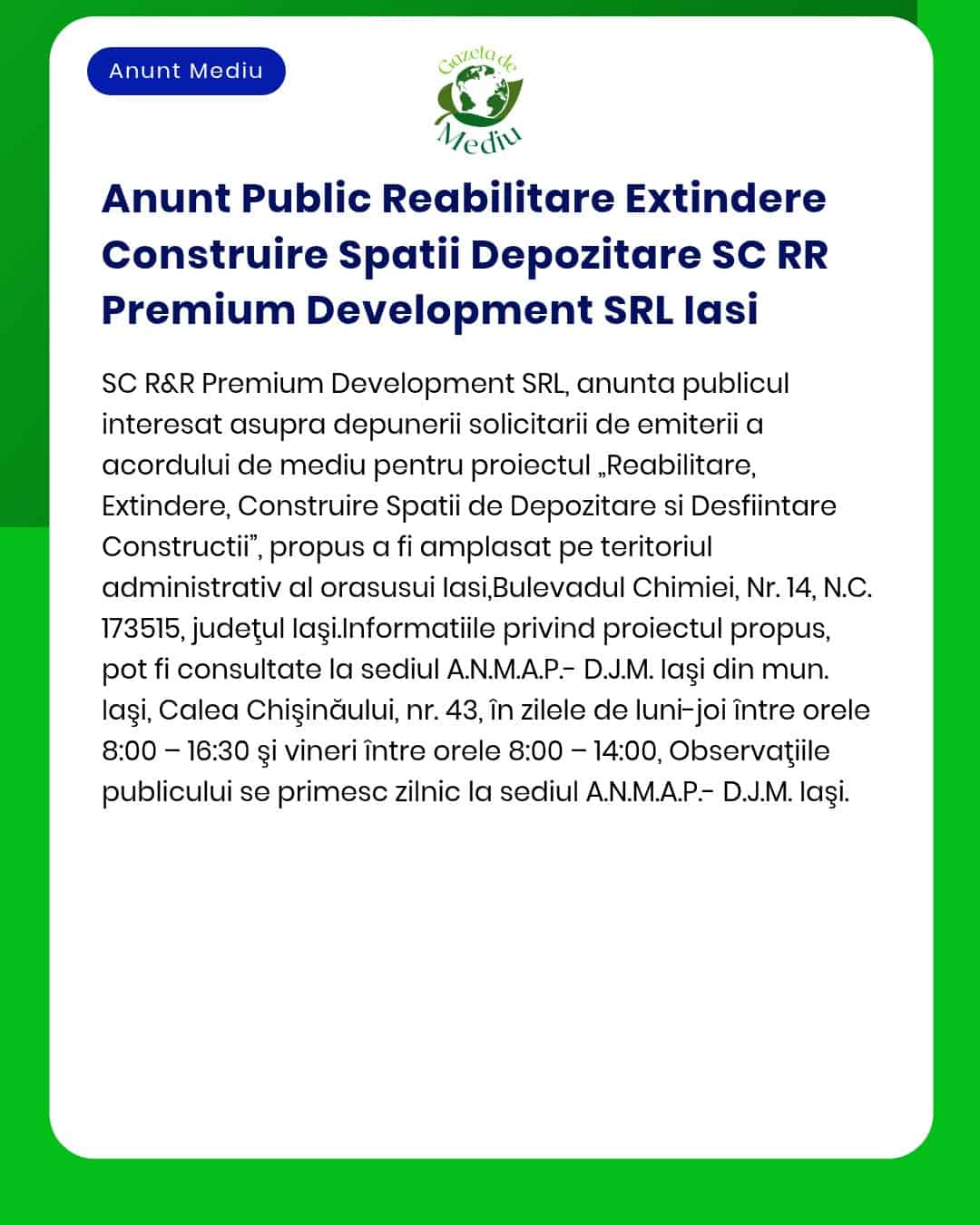 Anunt Public Reabilitare Extindere Construire Spatii Depozitare SC RR