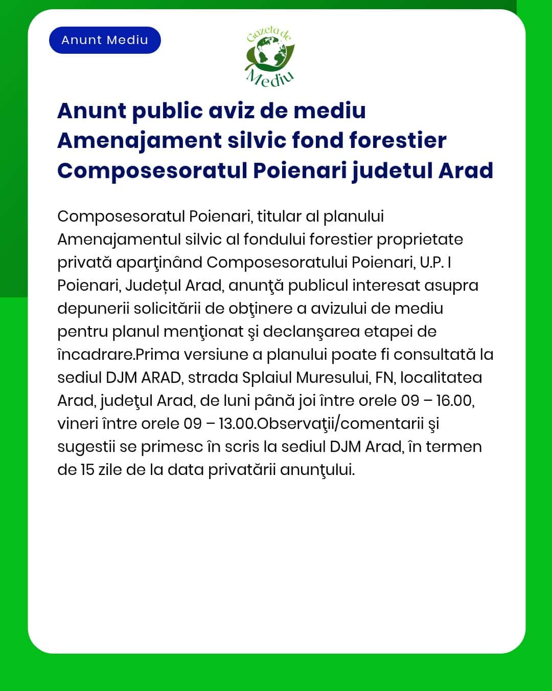 Anunt public aviz de mediu Amenajament silvic fond forestier Composeso