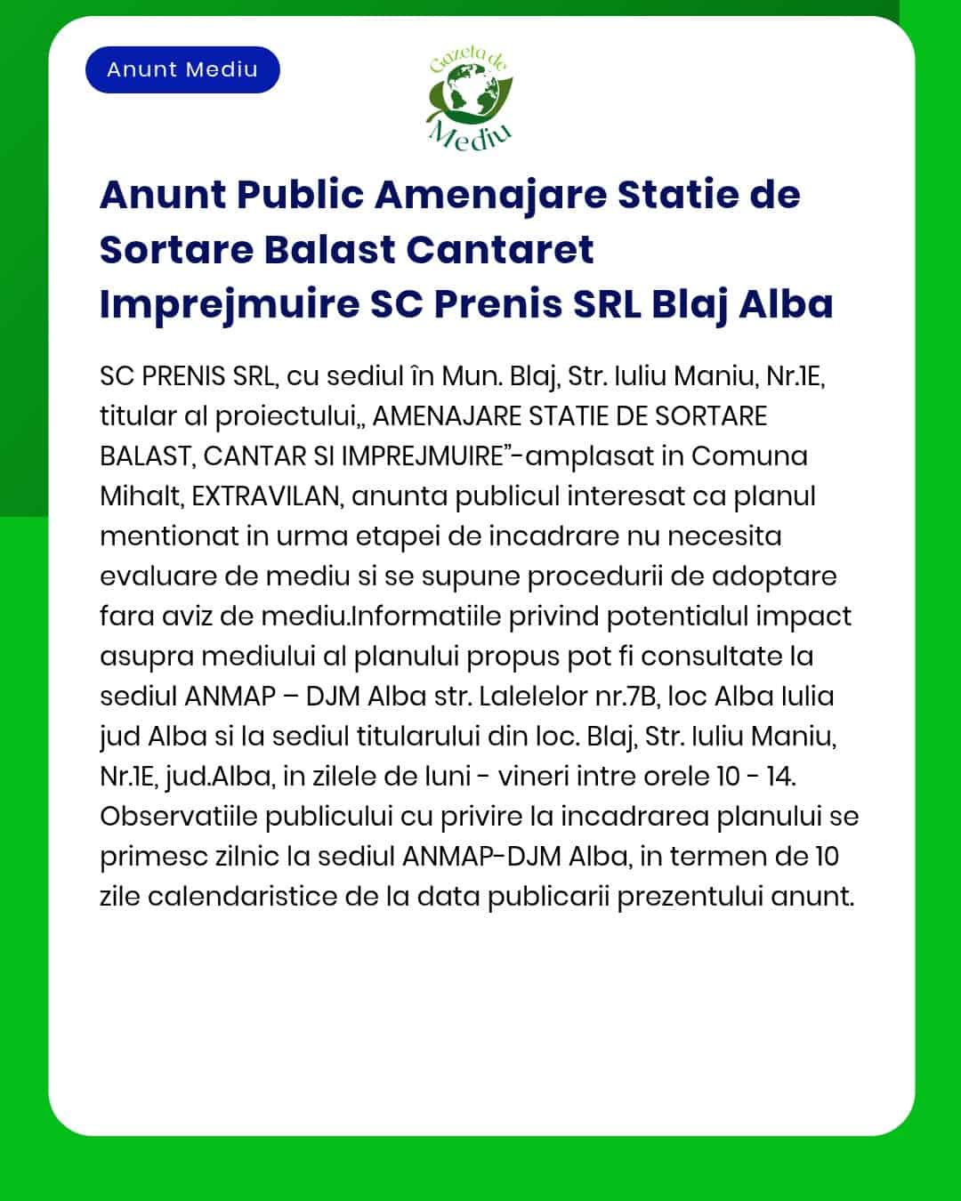 Anunt Public Amenajare Statie de Sortare Balast Cantaret Imprejmuire S