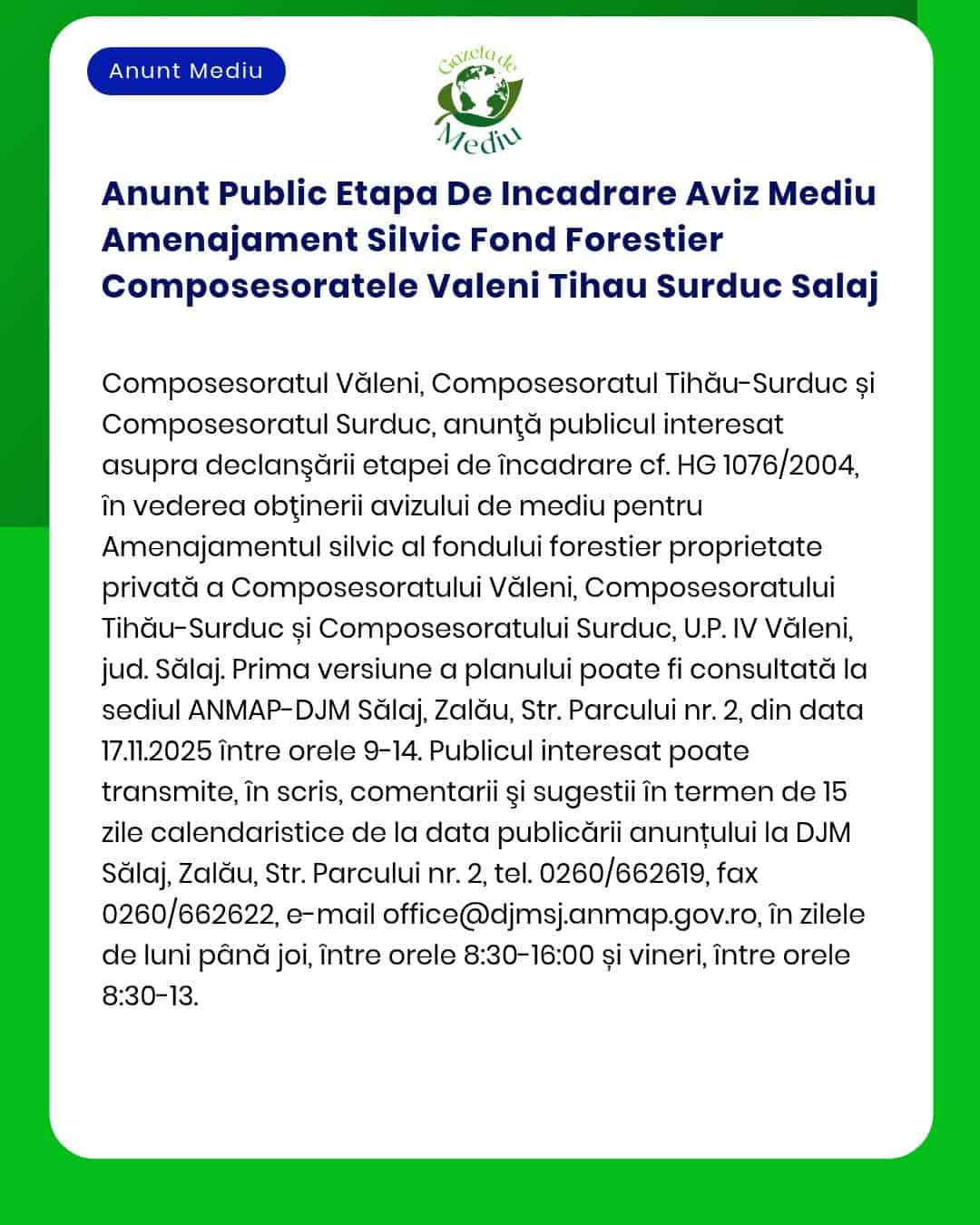 Anunt Public Etapa De Incadrare Aviz Mediu Amenajament Silvic Fond For