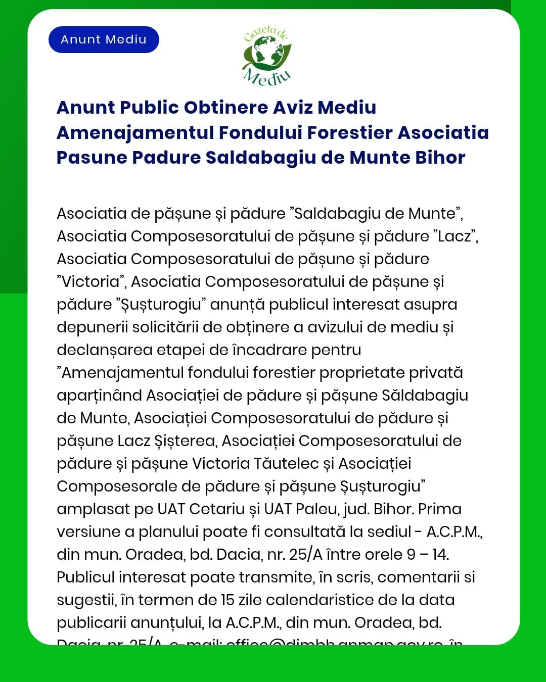 Anunt Public Obtinere Aviz Mediu Amenajamentul Fondului Forestier Asoc