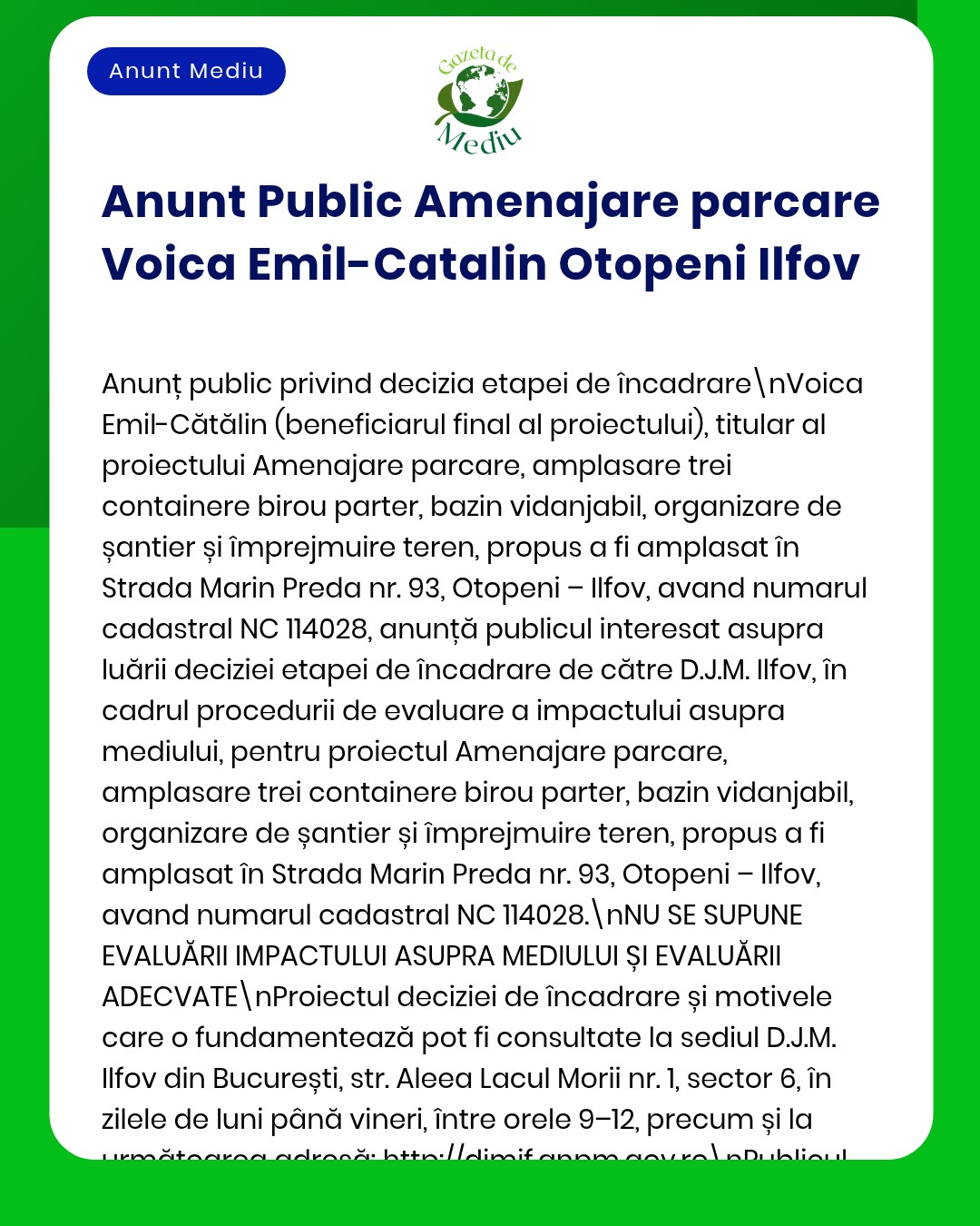 Anunț despre evaluarea și impactul unui proiect de parcare în Otopeni, Ilfov, cu detalii despre amplasament și proceduri APM.