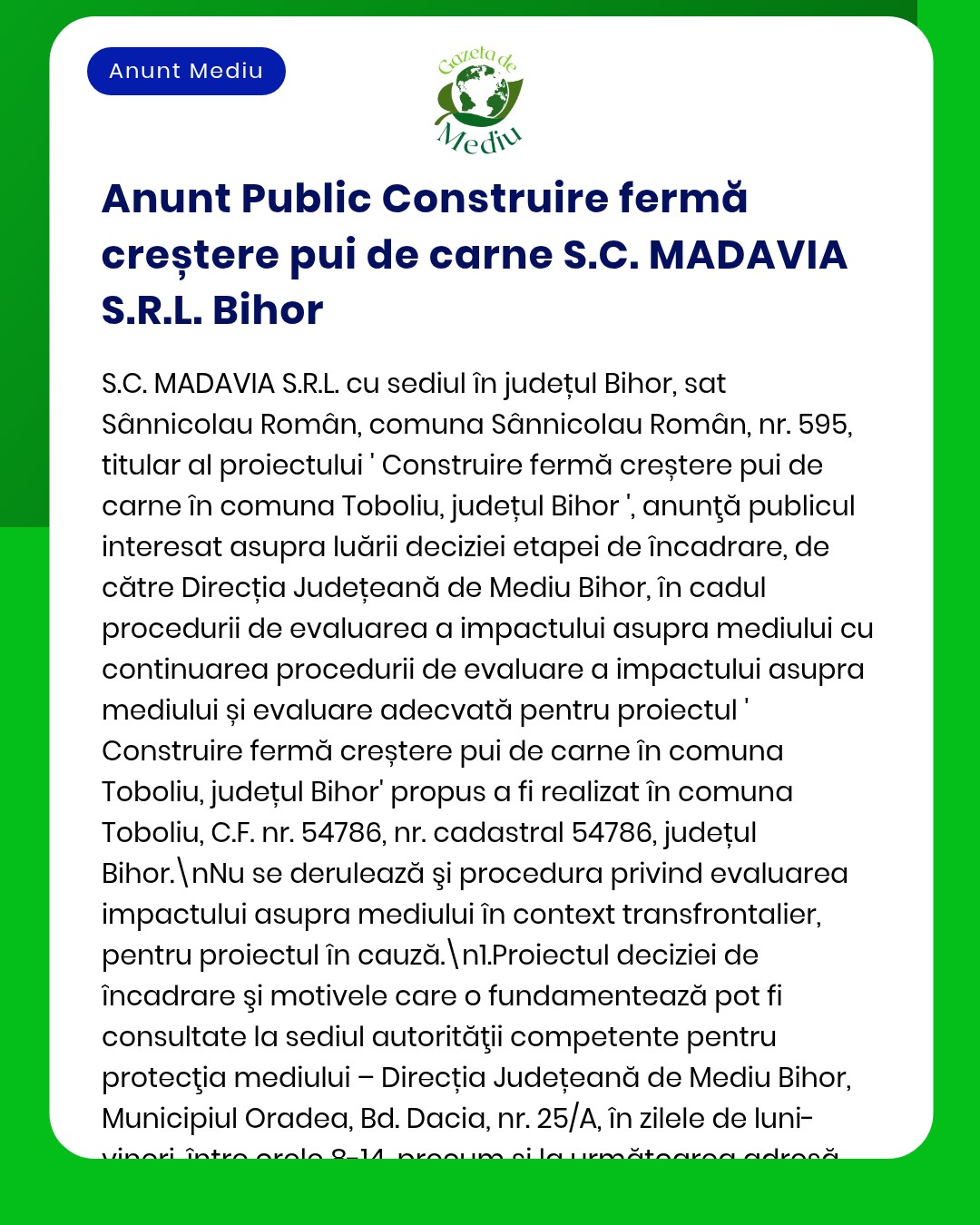 Anunț privind construirea unei ferme de animale de către S.C. MADAVIA S.R.L. în Toboliu, județul Bihor, conform procedurilor APM.