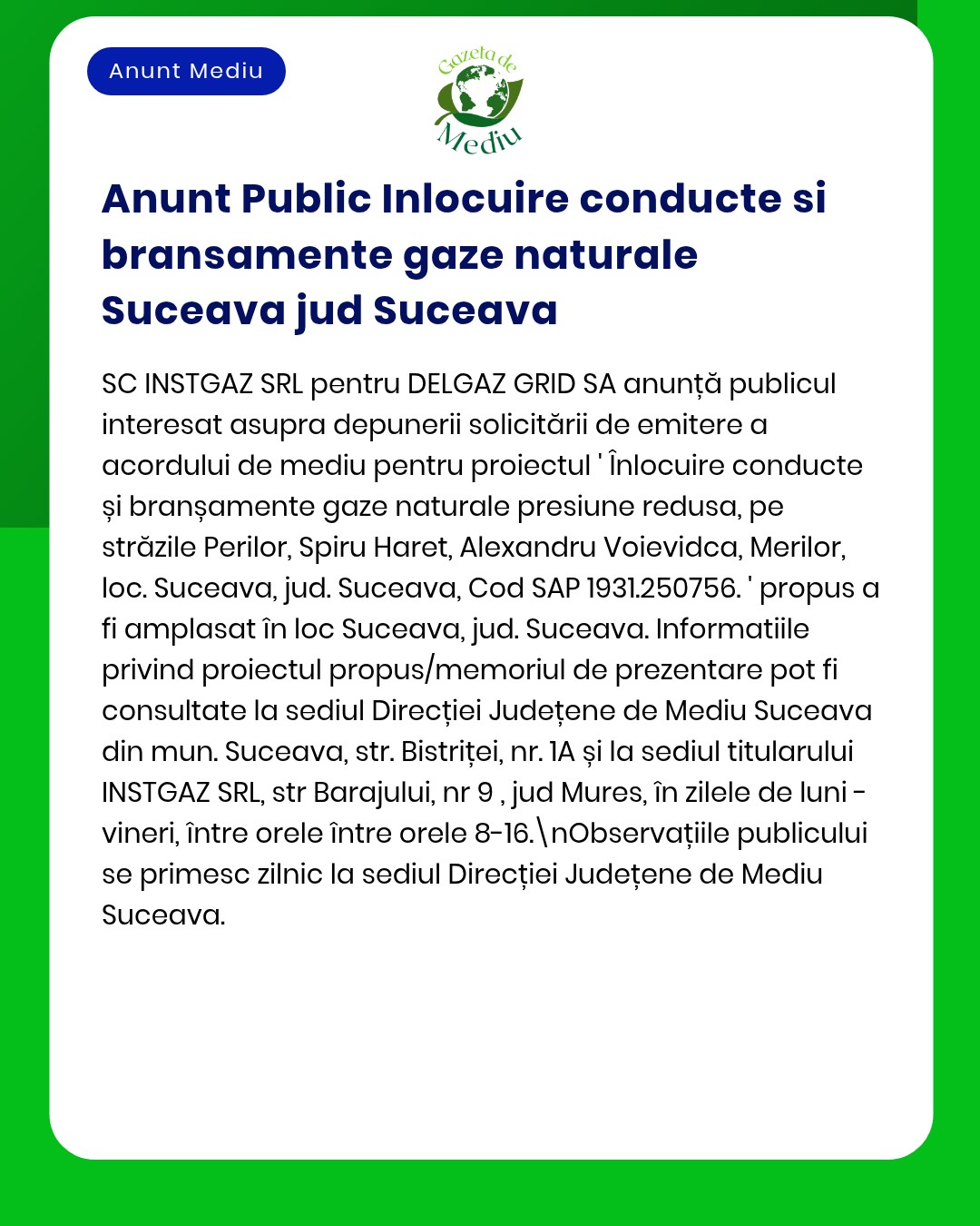 Flyer despre înlocuirea conductelor de gaze naturale în Suceava, România, cu detalii despre proiect și locații.