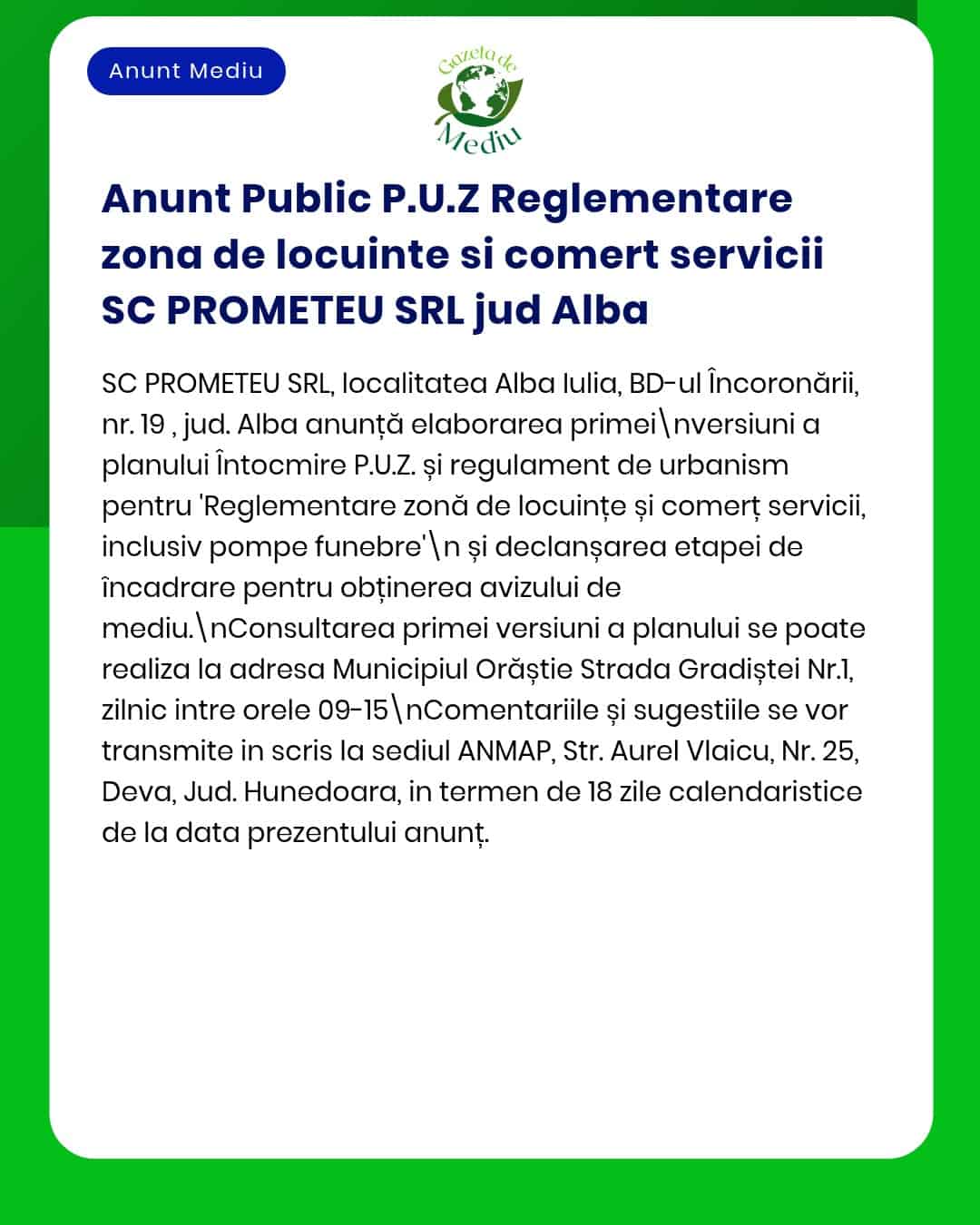 Anunț SC PROMETEU SRL privind reglementare urbanistică zonă servicii Alba Iulia; detalii despre ședință disponibile.