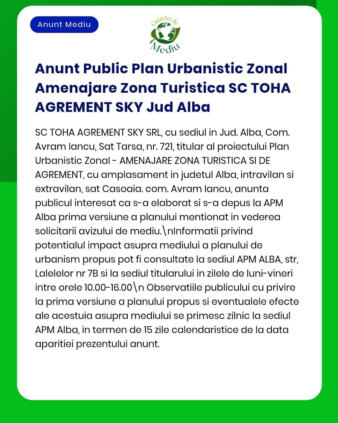 Plan Urbanistic Zonal pentru TOHA AGREMENT SKY în Alba, România, prezentând detalii despre proiect.