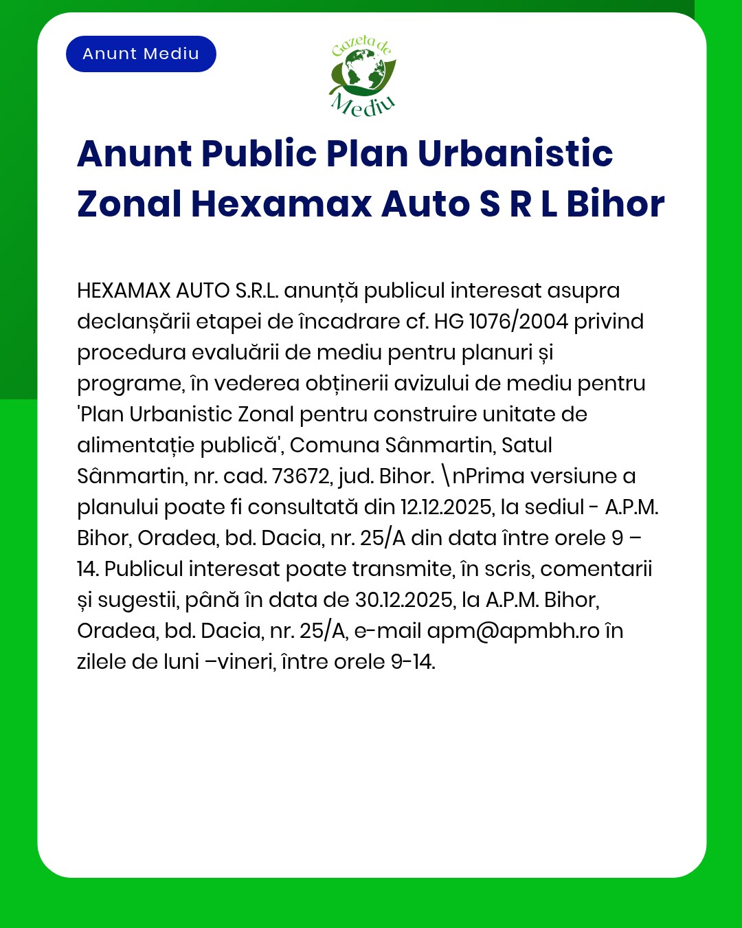 Plan urbanistic Hexamax Auto S.R.L., Sânmartin, Bihor. Informații despre proiect și titular.