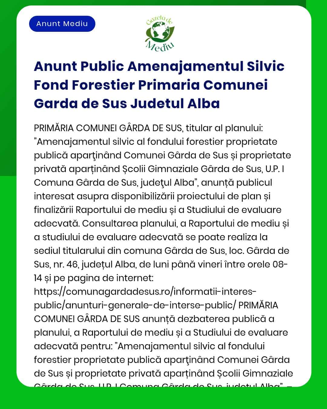 Anunt Public Amenajamentul Silvic Fond Forestier Primaria Comunei Gard