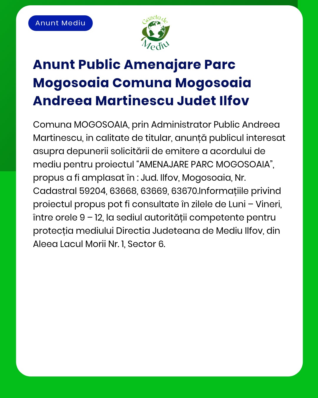 Anunt Public Amenajare Parc Mogosoaia Comuna Mogosoaia Andreea Martine