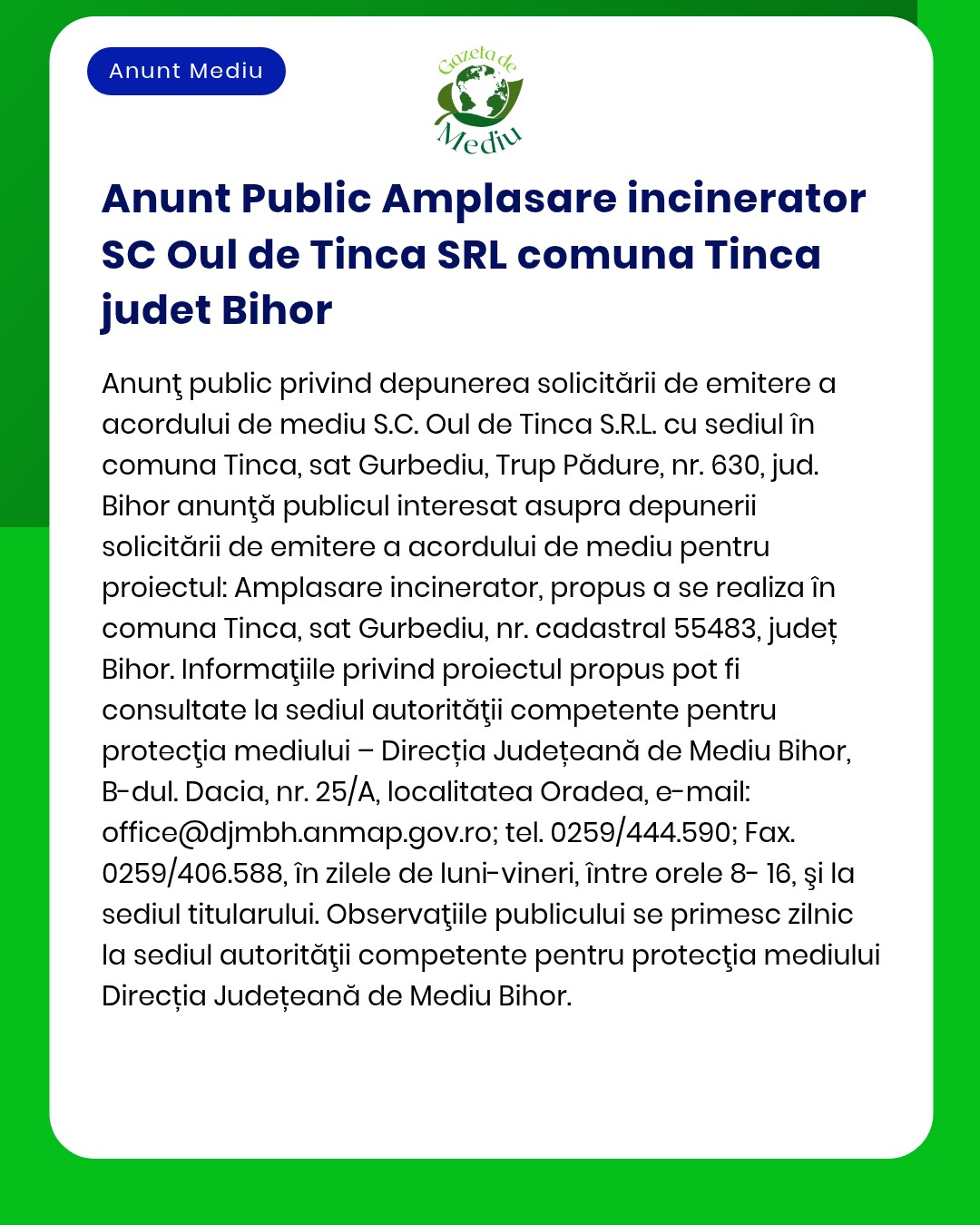 Anunt Public Amplasare incinerator SC Oul de Tinca SRL comuna Tinca ju