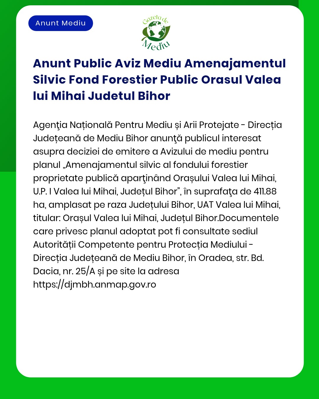 Anunt Public Aviz Mediu Amenajamentul Silvic Fond Forestier Public Ora