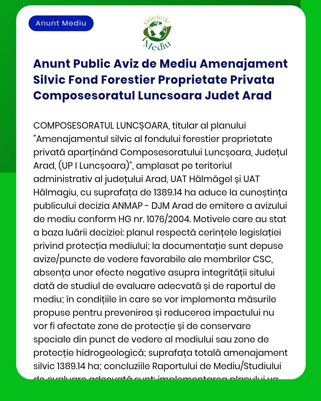 Anunt Public Aviz de Mediu Amenajament Silvic Fond Forestier Proprieta