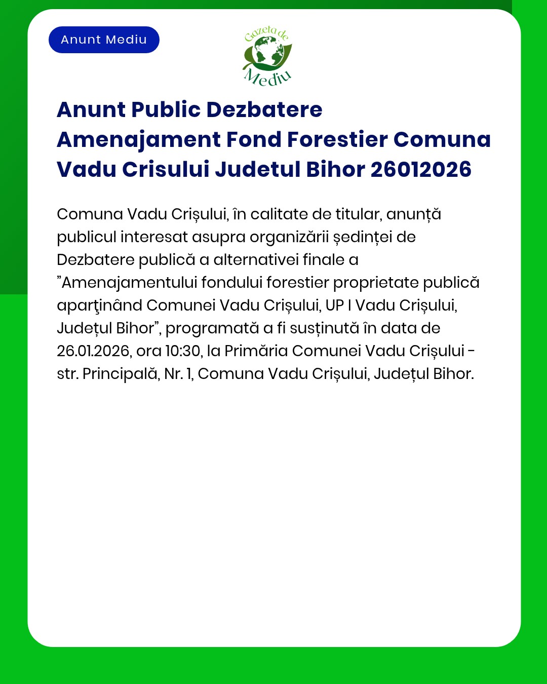 Anunt Public Dezbatere Amenajament Fond Forestier Comuna Vadu Crisului