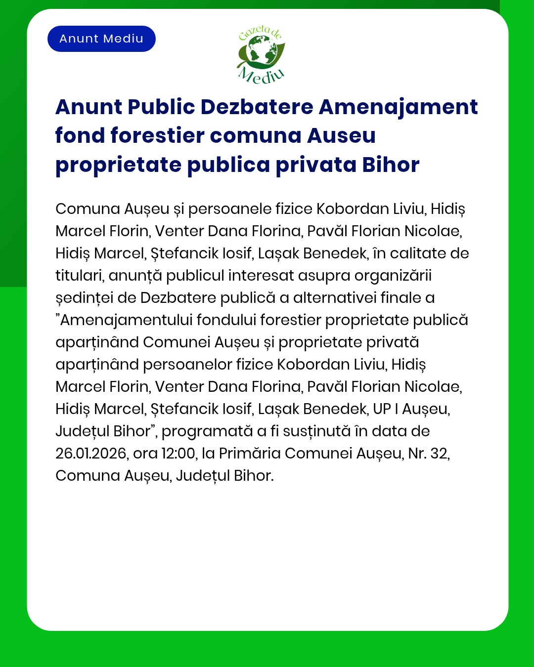 Anunt Public Dezbatere Amenajament fond forestier comuna Auseu proprie