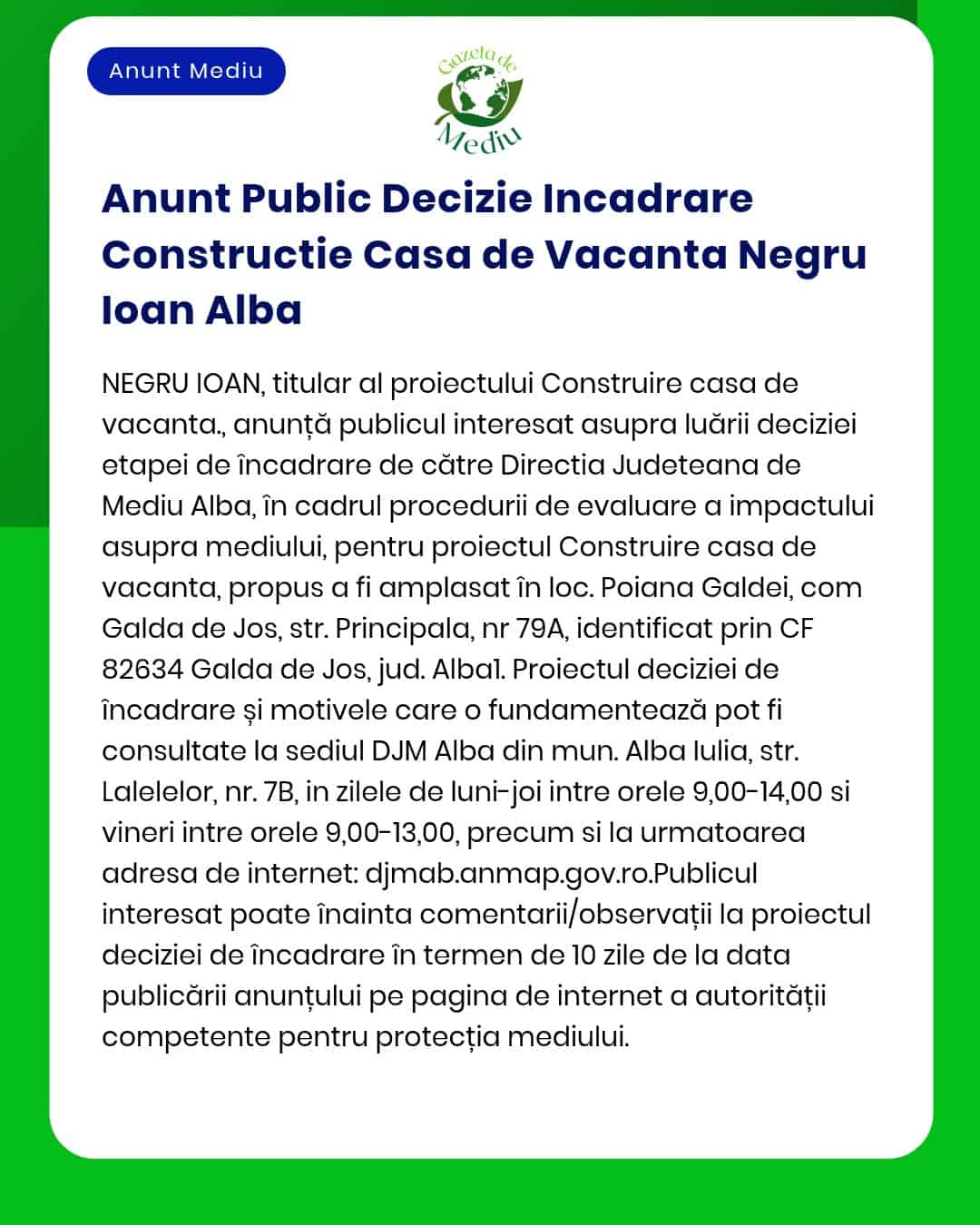 Anunt Public Decizie Incadrare Constructie Casa de Vacanta Negru Ioan