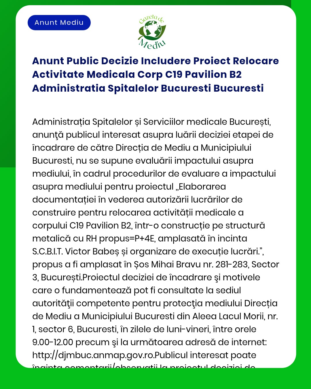 Anunt Public Decizie Includere Proiect Relocare Activitate Medicala Co
