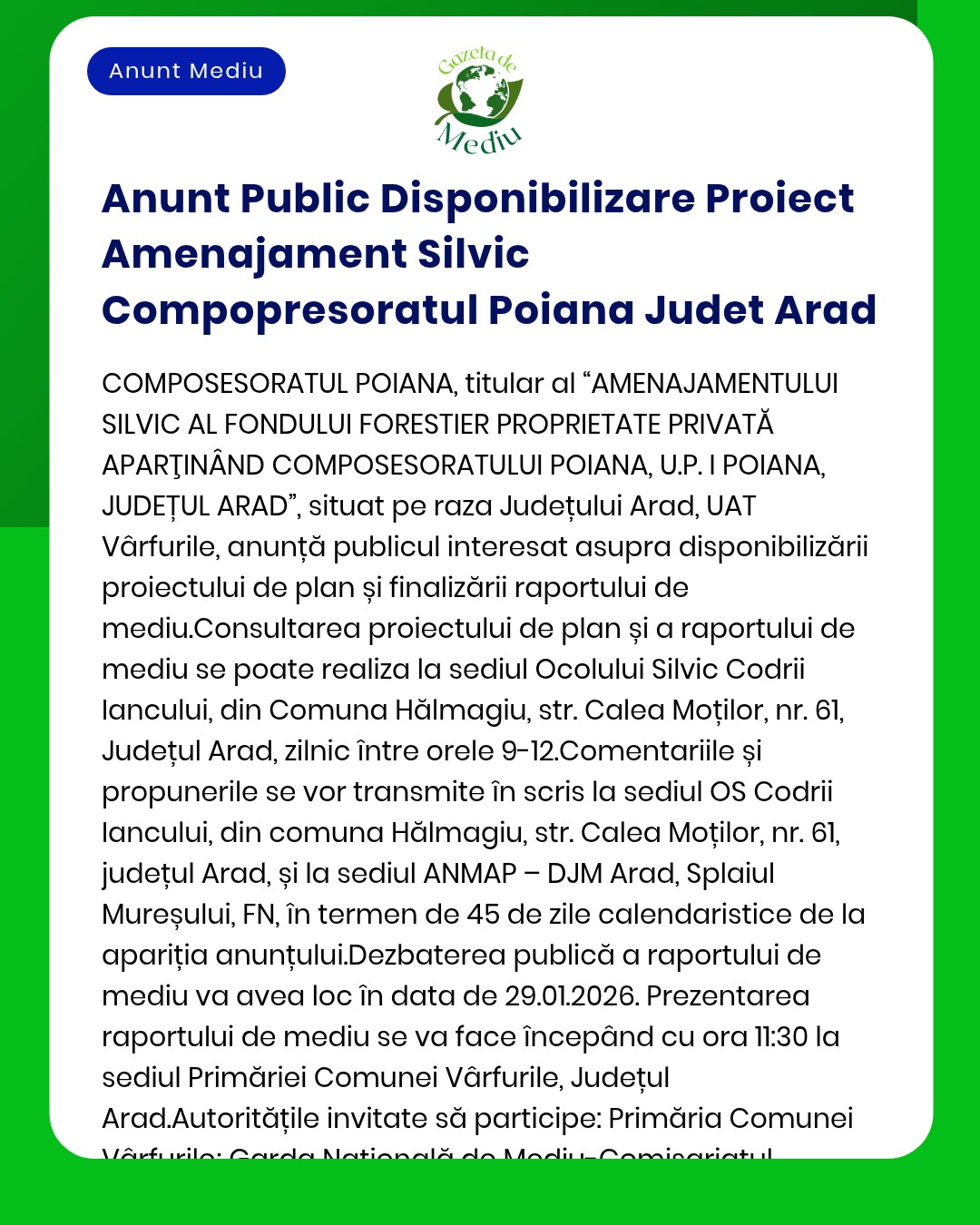 Anunt Public Disponibilizare Proiect Amenajament Silvic Compopresoratu