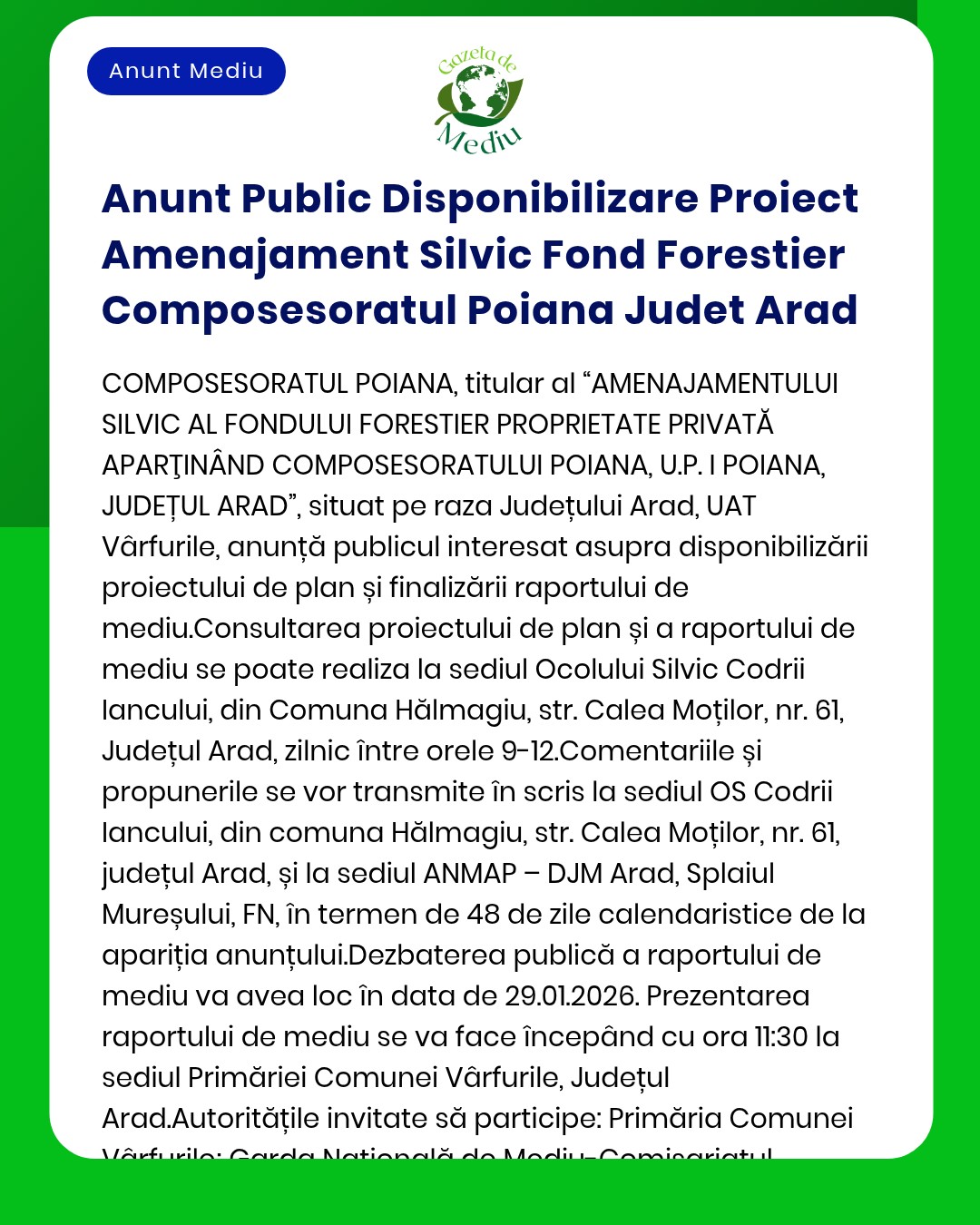 Anunt Public Disponibilizare Proiect Amenajament Silvic Fond Forestier